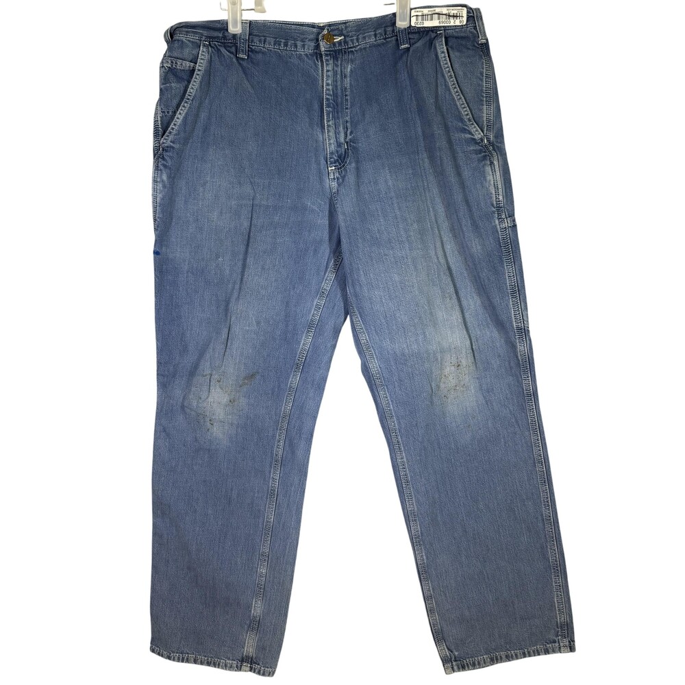 Carhartt Dungaree Fit Jeans Mens 38x32 Blue Workwear Distressed Stained Denim